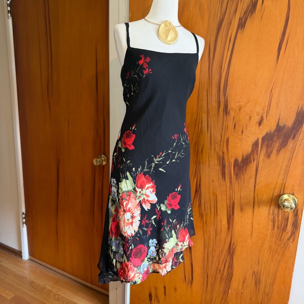 Donna Ricco Black Midi Slip Dress with Red & Pink Floral Print